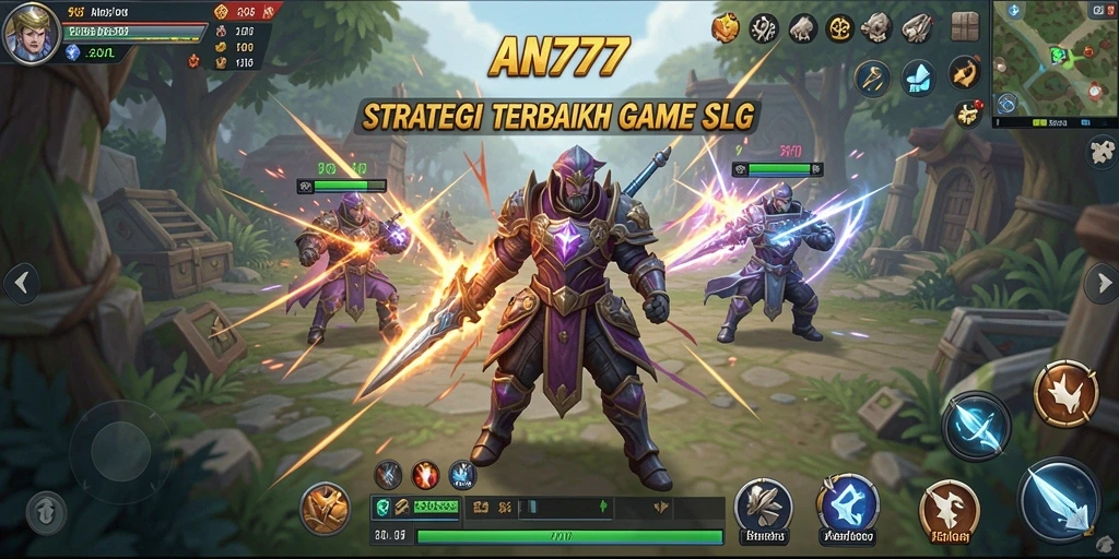 Screenshot gameplay AN777 menampilkan aksi taktis dan pembangunan kota.
