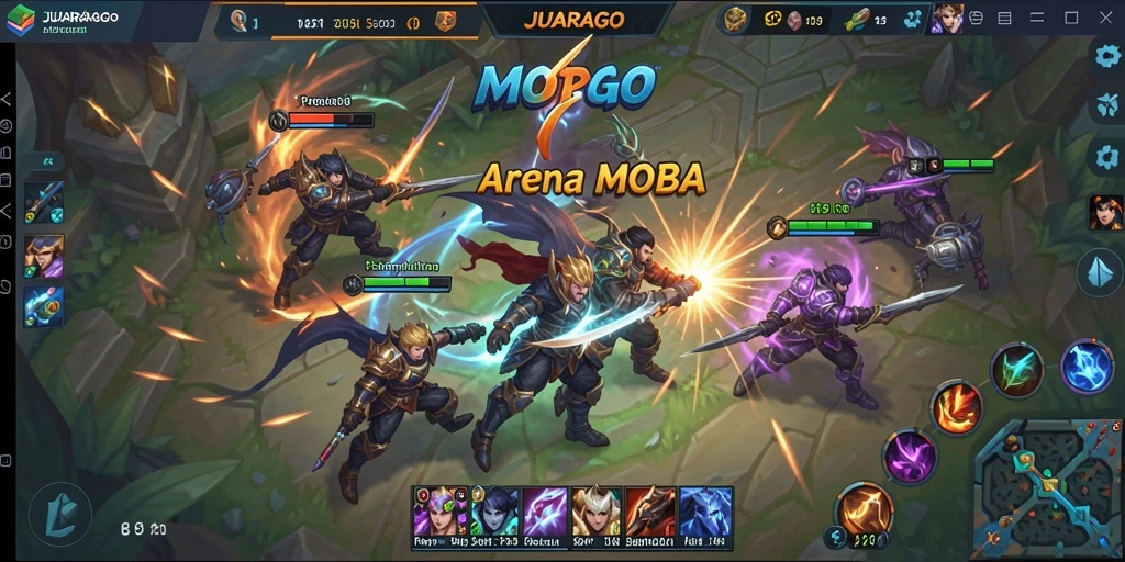 Screenshot gameplay JUARAGO menampilkan pertempuran seru di arena MOBA.