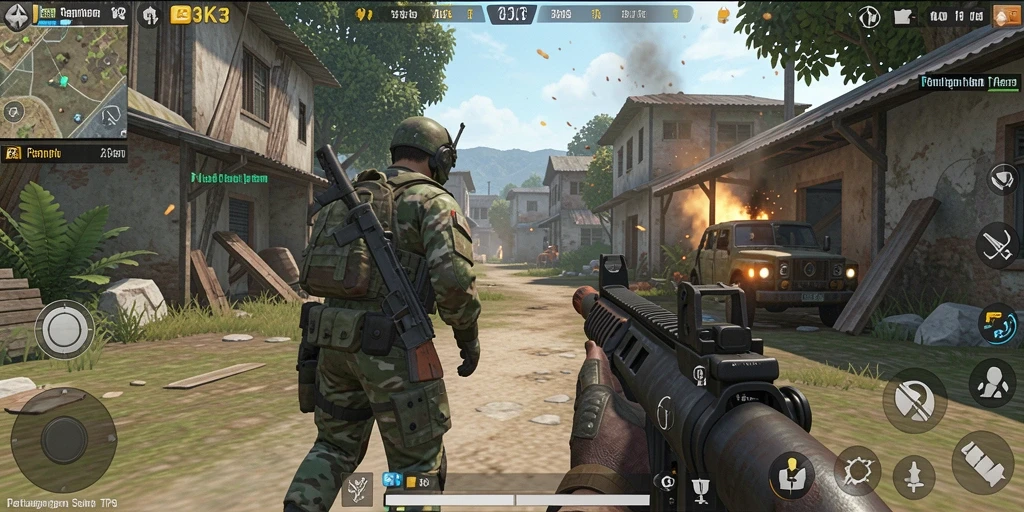 Screenshot gameplay K3K3 yang menampilkan aksi tembak-menembak seru.