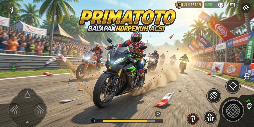 Screenshot gameplay PRIMATOTO menampilkan balapan motor yang seru di trek yang menantang.
