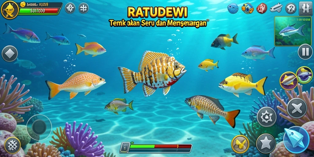 Screenshot gameplay <strong>RATUDEWI</strong> menunjukkan aksi menembak ikan yang seru.